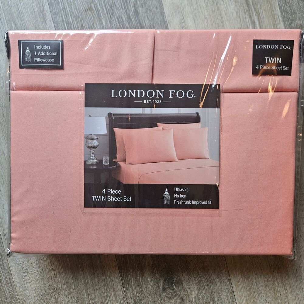 London Fog Twin Sheet Set 4 Piece Salmon Pink Peach New Sealed Bedding